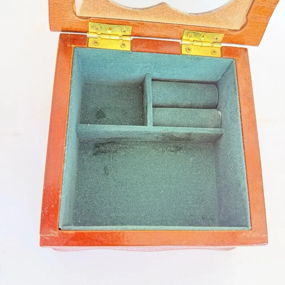 Vintage Dark Wood Jewelry Box with heart shaped glass panel